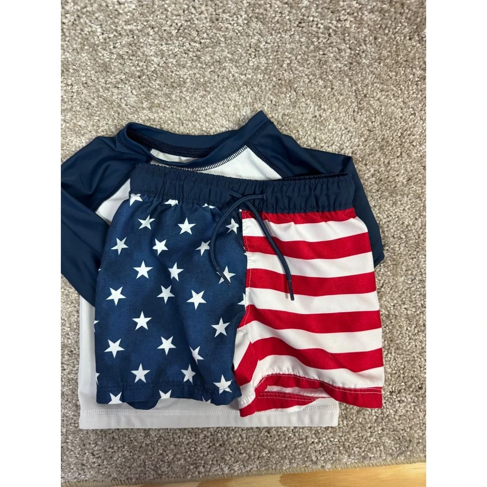 Old Navy Baby Boy Shark American Flag Rash Guard and Swim Trunks Set 6-12M